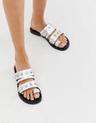 Asos Design Freewheel Premium Leather Studded Toe Loop Sandals In Silver