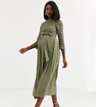 Little Mistress Maternity Lace Detail Midaxi Dress In Khaki-green