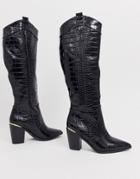 Asos Design Catch Up Western Pull On Knee Boots In Black Croc - Black