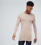 Asos Design Tall Longline Long Sleeve T-shirt With Crew Neck In Beige - Beige