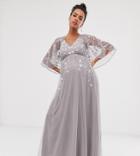Asos Design Maternity Flutter Sleeve Maxi Dress In Embroidered Mesh - Gray