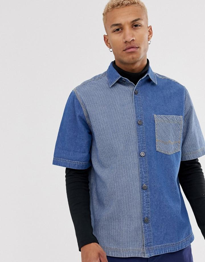 Asos Design Relaxed Cut & Sew 90's Style Denim Stripe Shirt-blue