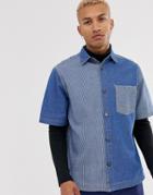 Asos Design Relaxed Cut & Sew 90's Style Denim Stripe Shirt-blue