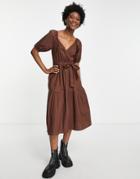 Influence V-neck Puff Sleeve Midi Dress With Tie Waist In Chocolate Brown
