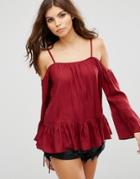 Rock & Religion Cold Shoulder Ruffle Top - Red