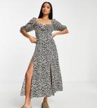 Asos Design Petite Puff Sleeve Ruched Bust Midi Slit Dress In Animal Print-multi