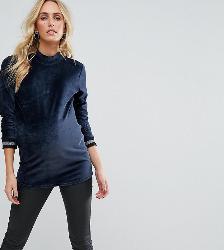 Supermom Maternity Velvet Top With High Neck And Sleeve Tipping - Blue