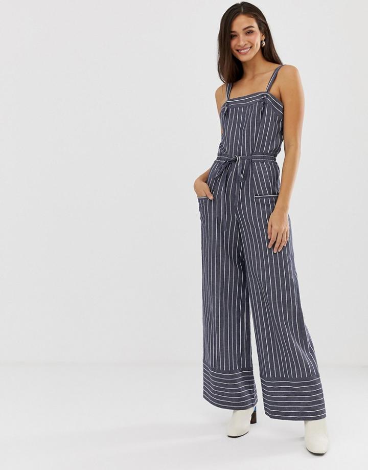 Current Air Chambray Stripe Wide Leg Jumpsuit-blue