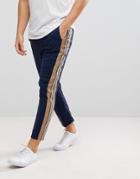 Asos Tapered Pants In Navy Drape Fabric With Side Stripes - Navy