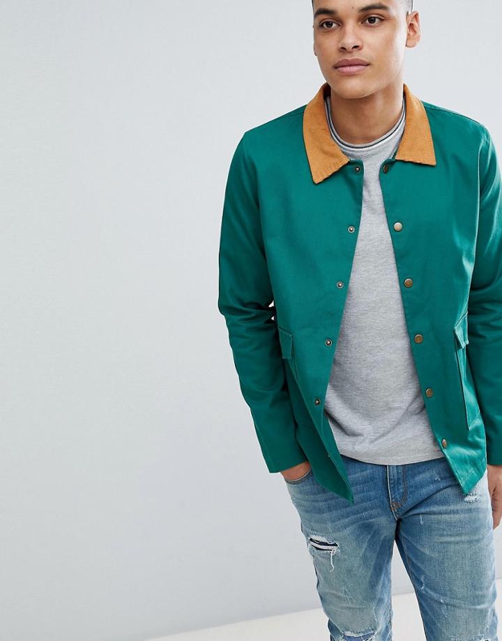 Boohooman Worker Jacket With Cord Collar In Bottle Green - Green