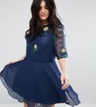 Asos Curve Primium Embroidered Mini Pleat And Lace Dress - Navy