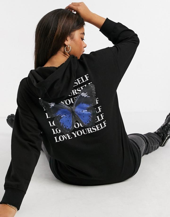 New Look Butterfly Print Longline Oversized Hoodie In Black