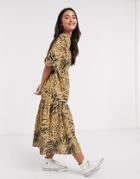 Asos Design Midi Smock Dress With Square Neck In Animal Print-brown