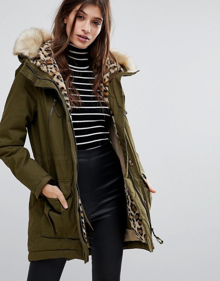 Vero Moda Parka With Faux Fur Leopard Print Hood - Green