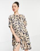 Vero Moda Tie Back Satin Mini Shift Dress In Beige Abstract Print-multi