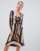 Boohoo Ruffle Trim Wrap Dress In Bright Stripe - Multi