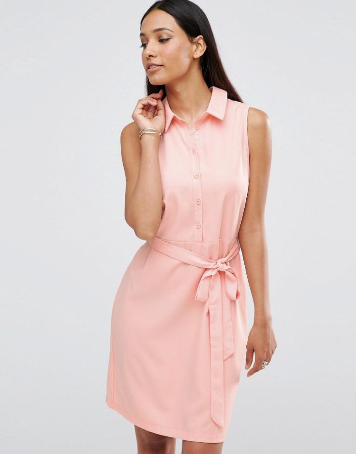 Ax Paris Sleeveless Shirt Dress With Belted Waist - Pink