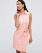 Ax Paris Sleeveless Shirt Dress With Belted Waist - Pink