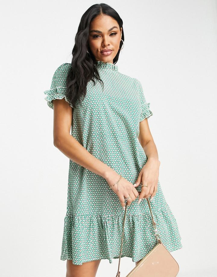 Ax Paris Short Sleeve Smock Dress In Green Geo Tile