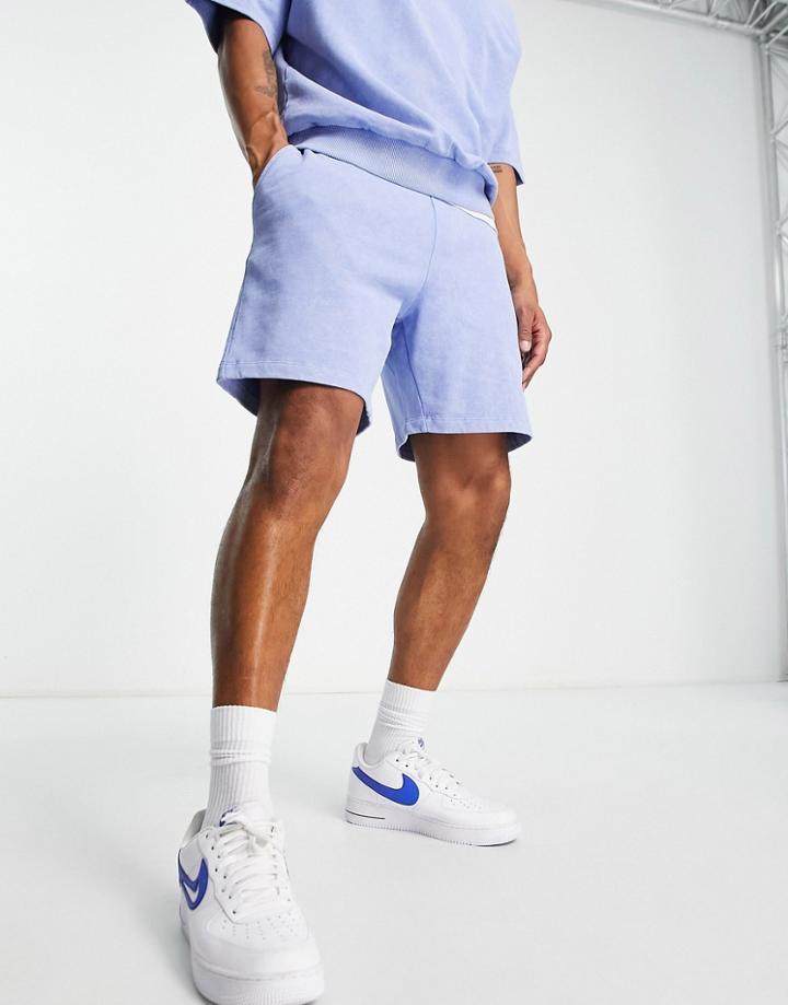 Asos Design Relaxed Shorts In Blue Acid Wash-purple
