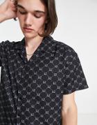 Sixth June Camp Collared Shirt In Black With All Over Logo Print