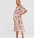 Asos Design Maternity Pleated Bandeau Midi Dress With Double Layer-multi