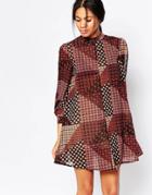 Influence High Neck Split Sleeve Swing Dress In Patchwork Print - Rust