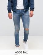 Asos Tall Super Skinny Jeans With Knee Rips - Blue