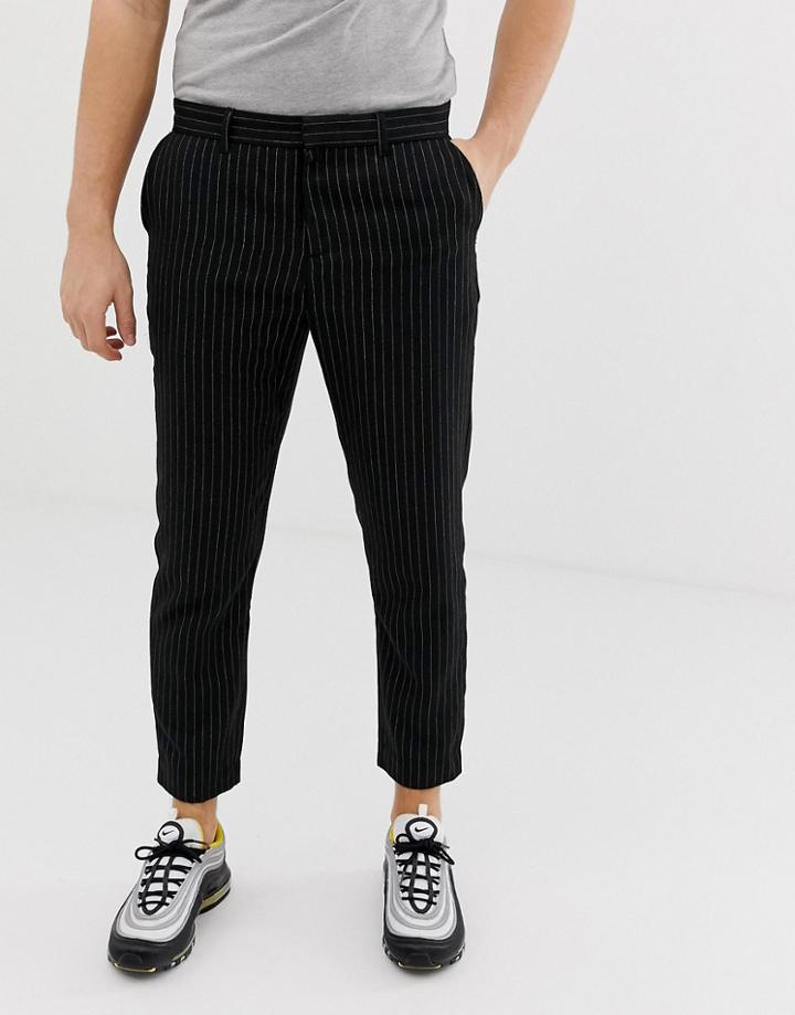 Bershka Slim Cropped Pants With Pinstripe In Black - Navy