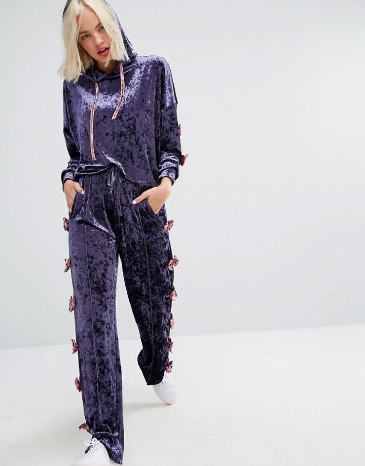 Lazy Oaf Relaxed Joggers With Bow Side Detail In Luxe Velvet Co-ord - Purple