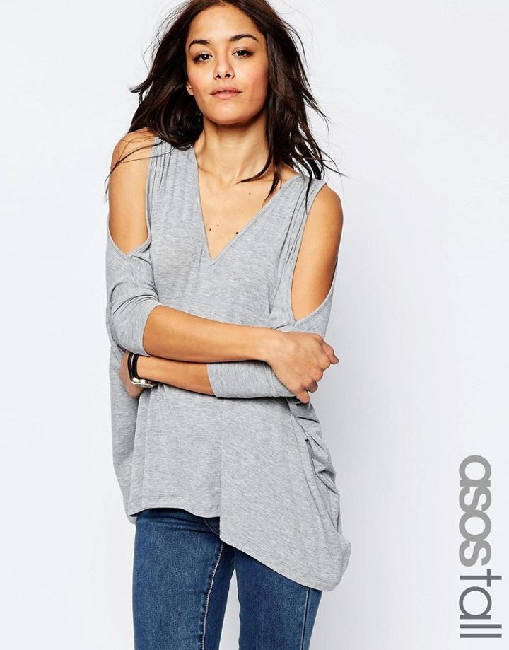 Asos Tall Oversized Cold Shoulder Super Soft Asymmetric Top - Gray