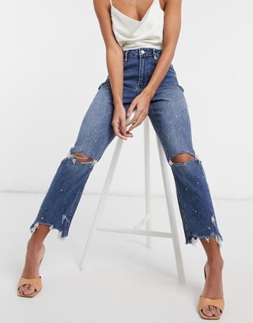 Blue Revival Distressed Crop Jean With Embellishment In Dark Wash Blue-blues