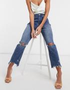 Blue Revival Distressed Crop Jean With Embellishment In Dark Wash Blue-blues