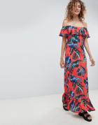 Asos Design Off Shoulder Maxi Sundress With Tiered Skirt In Tropical Print - Multi