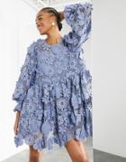 Asos Edition Tiered Mini Dress With 3d Floral Embroidery-blue