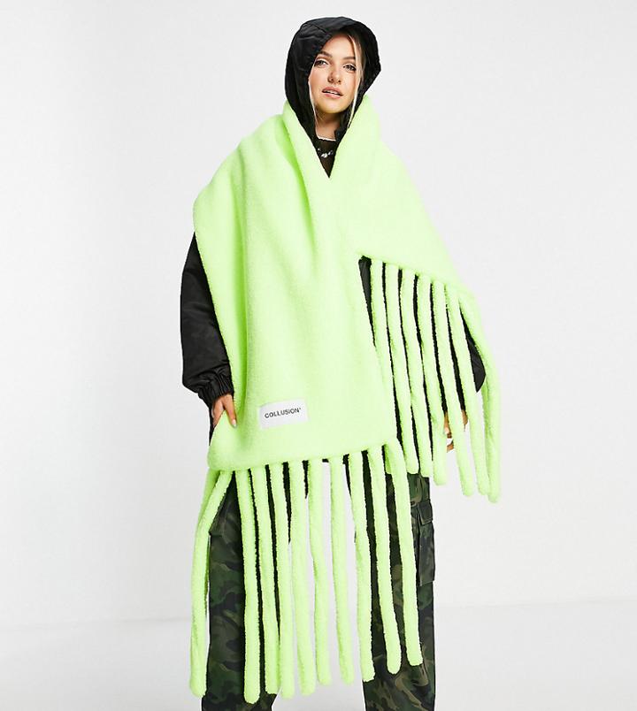 Collusion Unisex Fleece Scarf In Neon Yellow