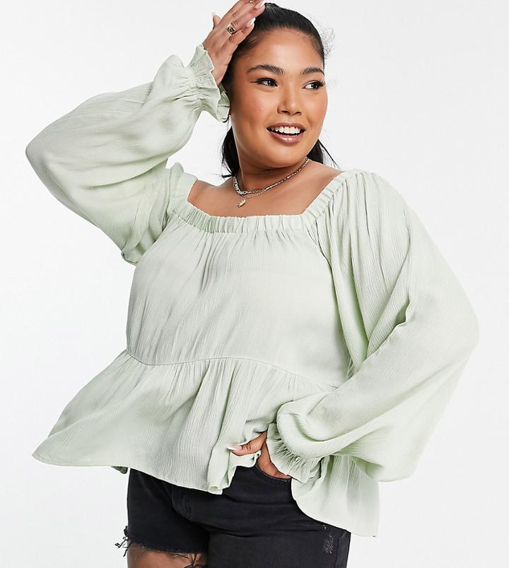 Asos Design Curve Square Neck Crinkle Smock Top In Sage-no Color