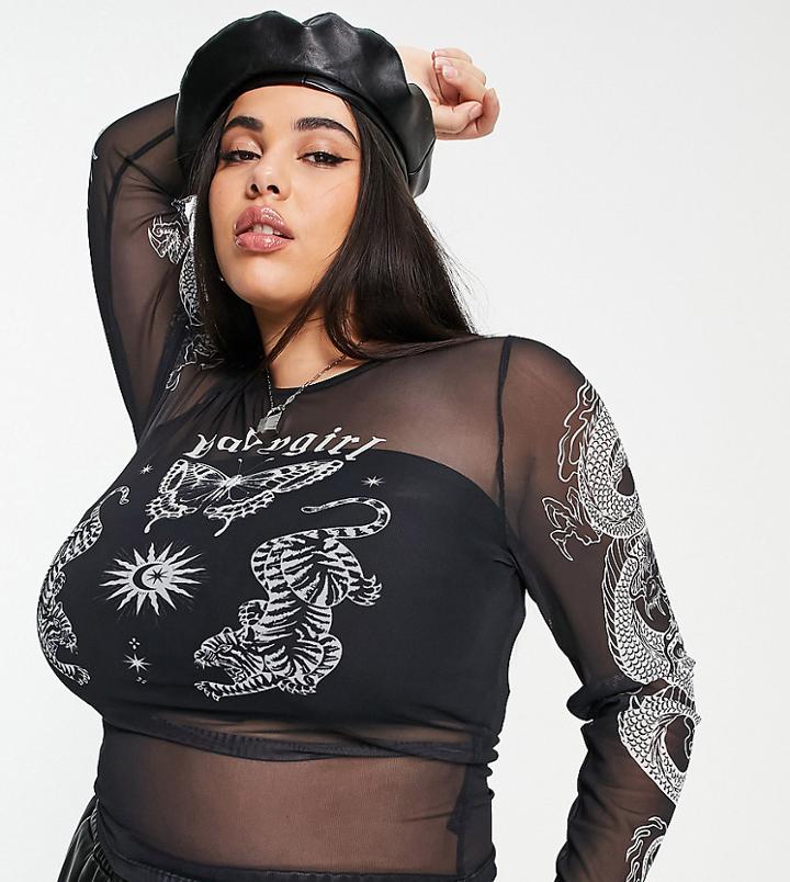 Asos Design Curve Long Sleeve Mesh Top In Mono Tattoo Print-multi