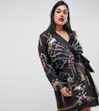 Asos Design Curve Embroidered Wrap Mini Dress With Long Sleeves - Multi