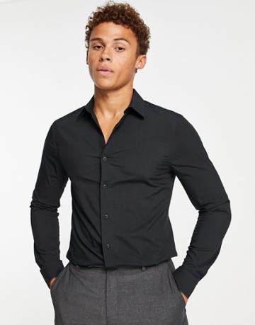 Topman Stretch Skinny Smart Shirt In Black