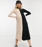 Asos Design Maternity Long Sleeve Half And Half Rib Midi Dress In Camel And Black-neutral