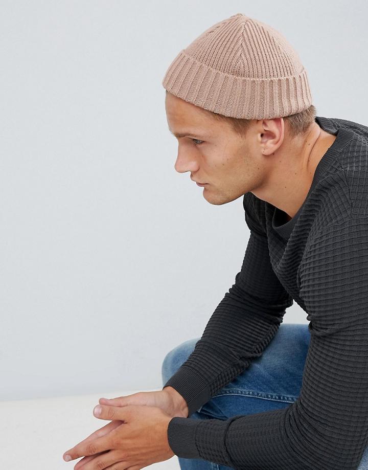 Asos Design Mini Fisherman Beanie In Stone Rib Knit - Stone