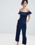 2ndday Off Shoulder Jumpsuit In Stretch Denim - Blue
