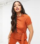 Club L London Tall Ribbed T-shirt Set With Belt In Orange