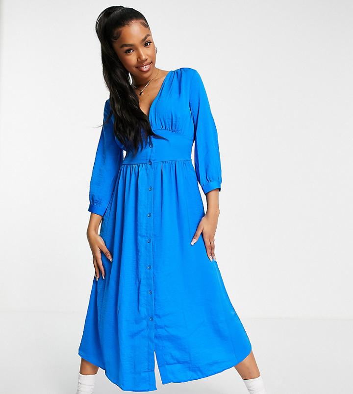 Stradivarius Long Sleeve Satin Midi Dress In Blue-blues