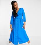 Stradivarius Long Sleeve Satin Midi Dress In Blue-blues