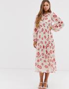 Asos Design Tiered Long Sleeve Smock Maxi Dress In Floral Print - Multi