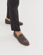 Asos Design Loafers In Gray Faux Suede With Snaffle Detail And Black Sole