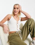 Asos Design Knit Cami With Lace Up Front And Seam Detail In White