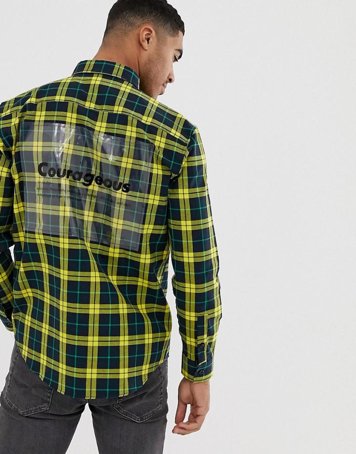 Bershka Check Shirt In Yellow With Printed Plastic - Yellow